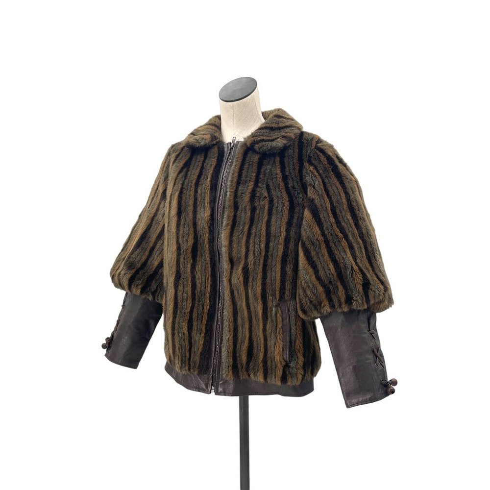 50s 60s Striped Faux Fur & Leather Criss Cross Cuff Puffed Sleeve Formal Coat